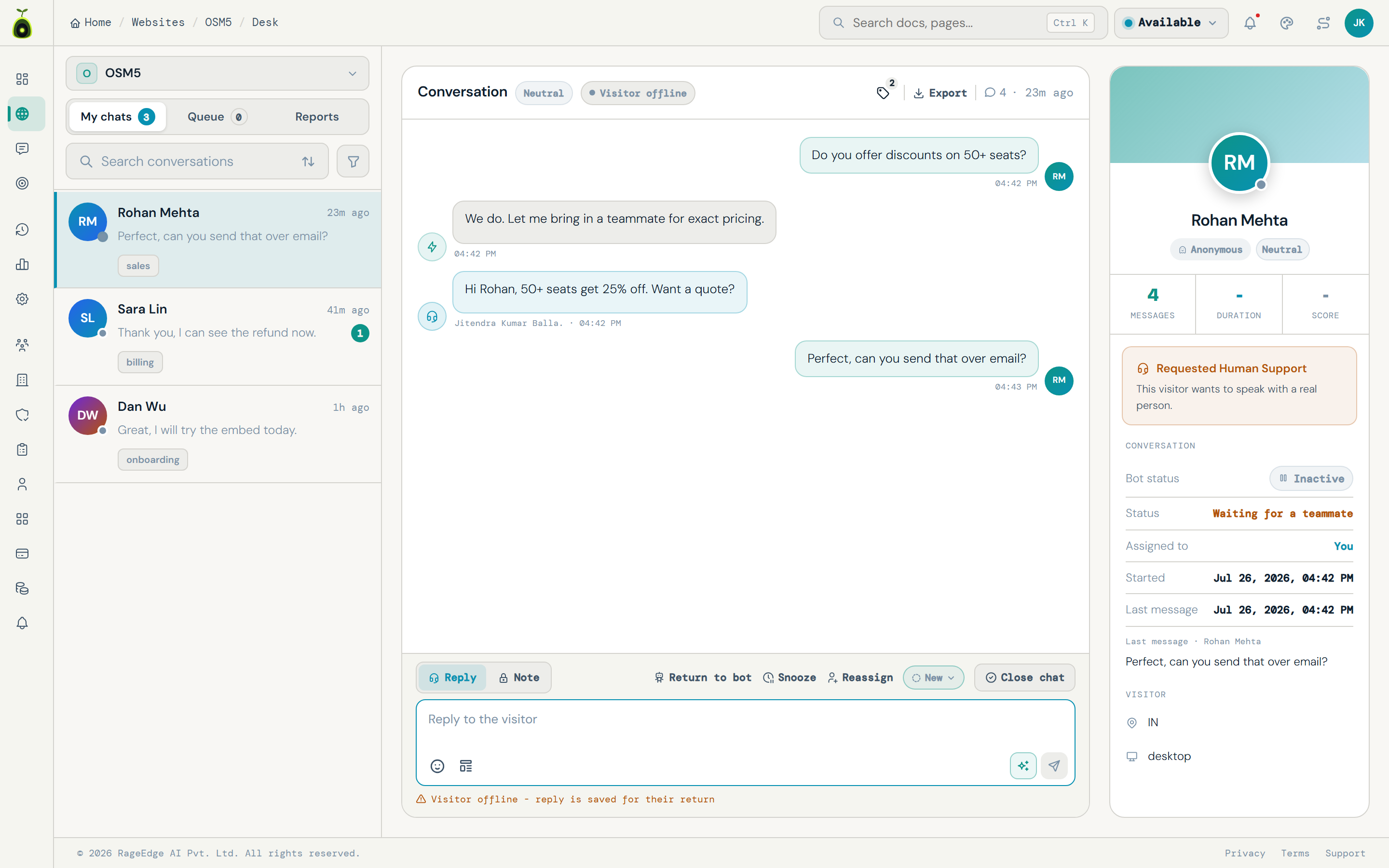 AidEcho Desk: a teammate handling a handed-off conversation