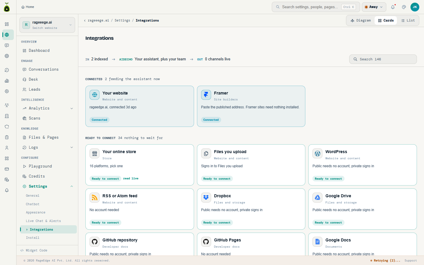 AidEcho dashboard Integrations screen, card view, showing connected and ready-to-connect sources