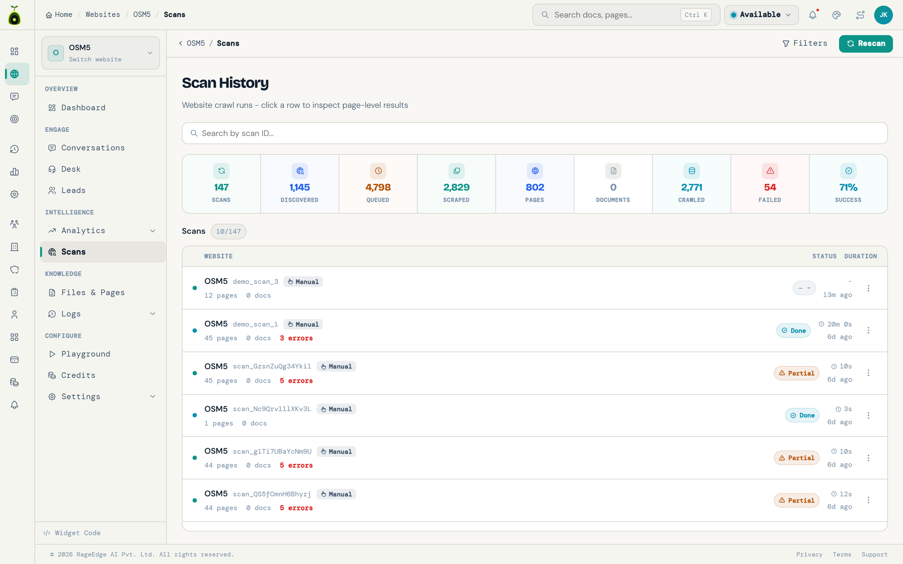 Scan history with scheduled and manual rescans, pages crawled and success rate