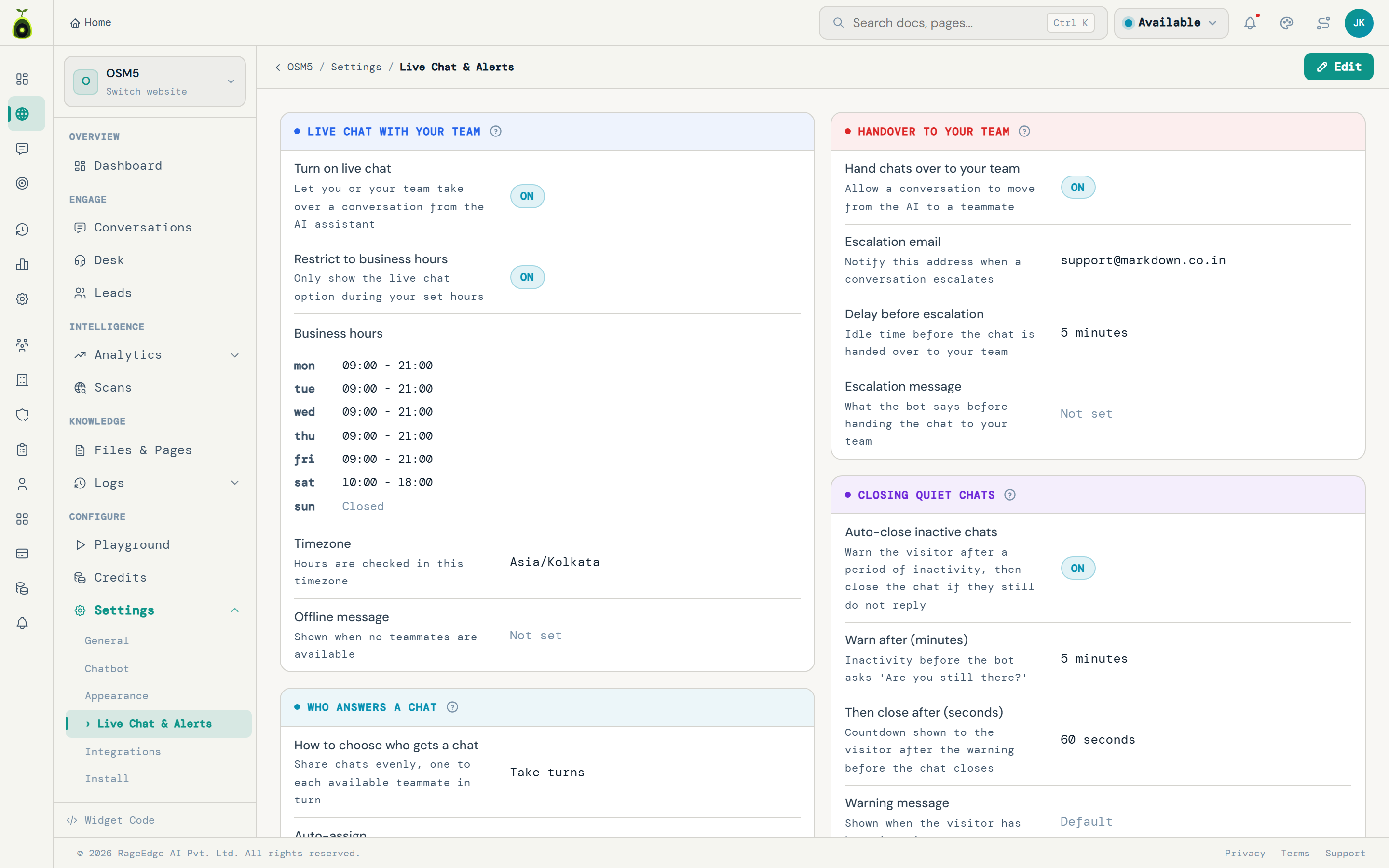 Live chat settings: handoff, escalation email, business hours and assignment